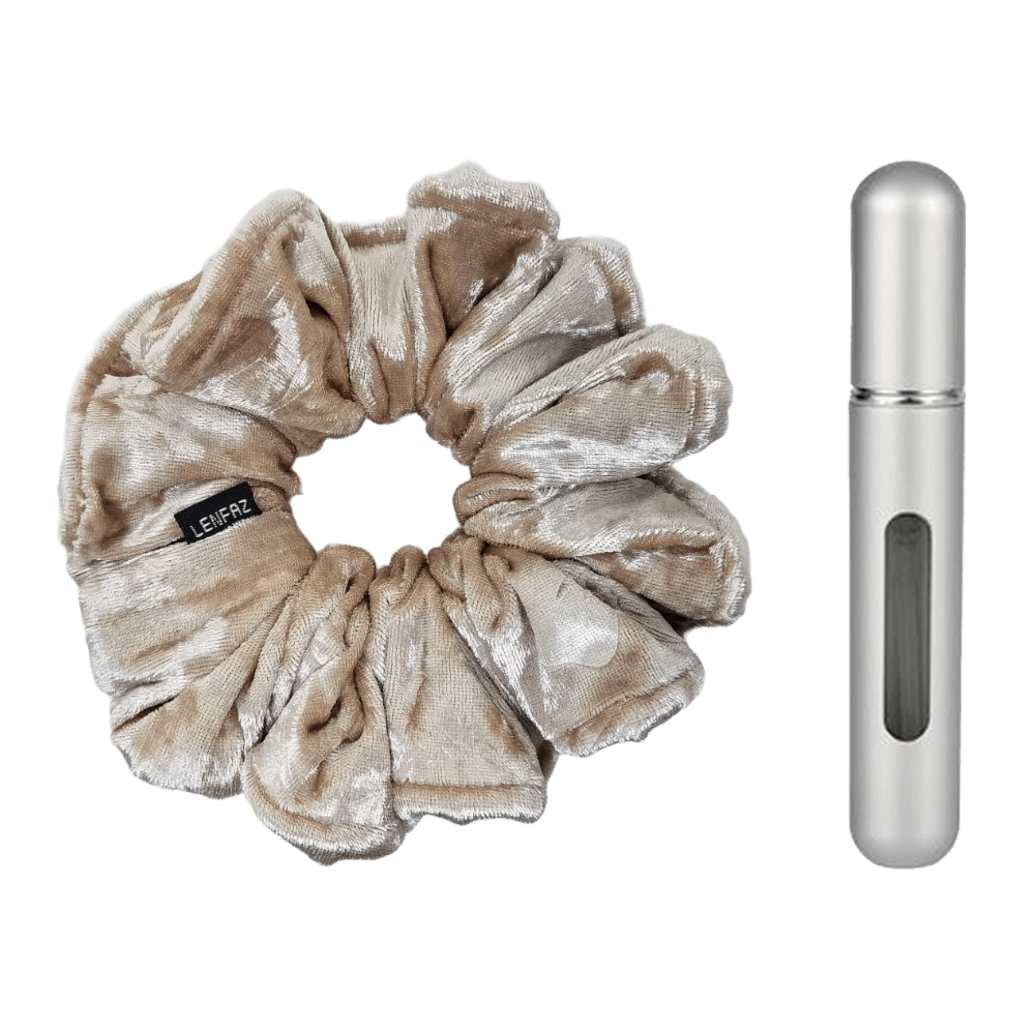 French Vanilla Velvet Scrunchie and Steel Silver Mini Perfume Refillable Spray Bottle Gift Set