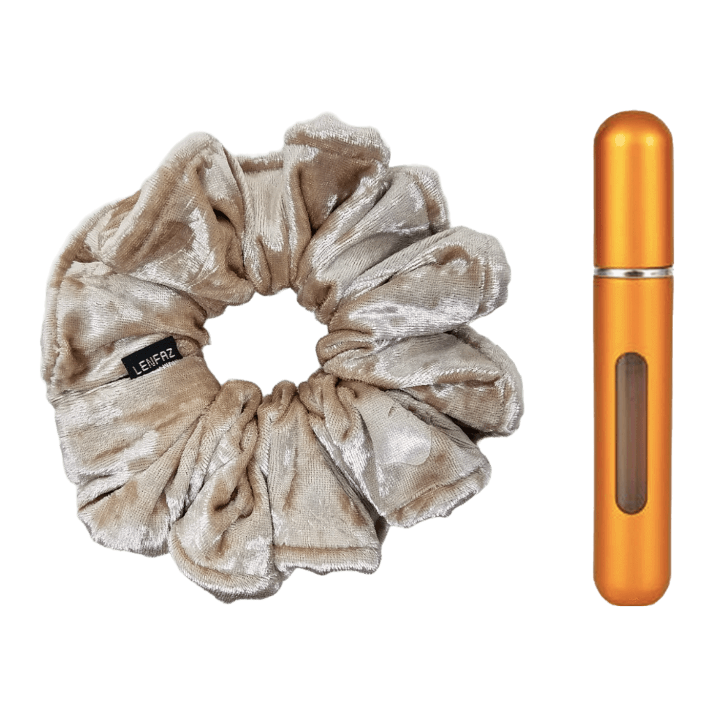 French Vanilla Velvet Scrunchie and Sunset Yellow Mini Perfume Refillable Spray Bottle Gift Set