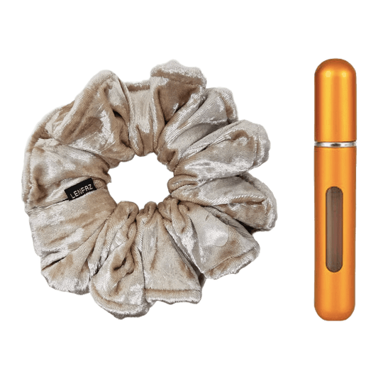French Vanilla Velvet Scrunchie and Sunset Yellow Mini Perfume Refillable Spray Bottle Gift Set