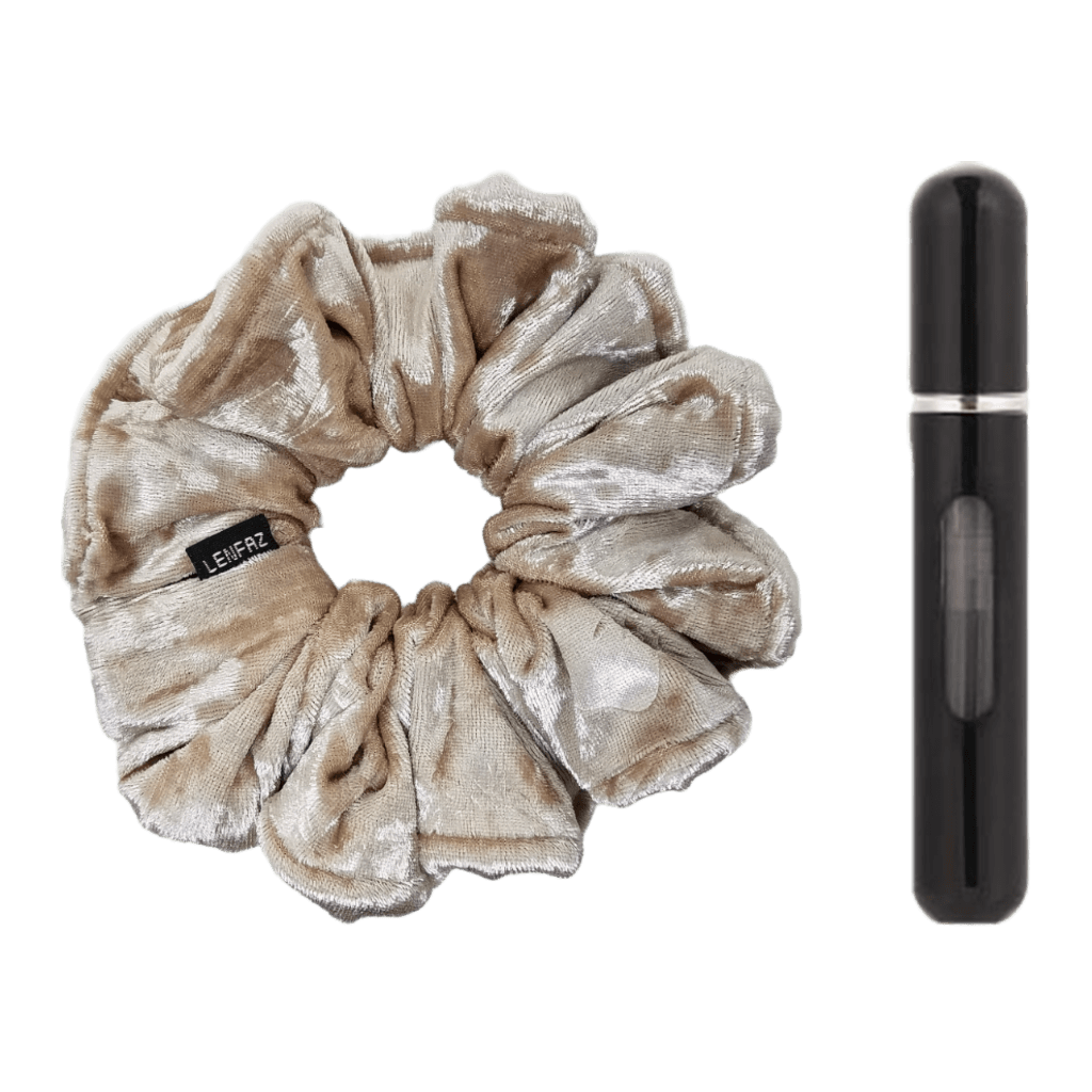 French Vanilla Velvet Scrunchie and Ultra Black Mini Perfume Refillable Spray Bottle Gift Set