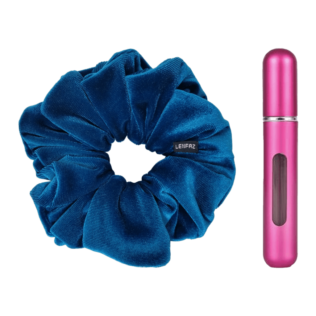 Peacock Blue Velvet Scrunchie and Berry Pink Mini Perfume Refillable Spray Bottle Gift Set