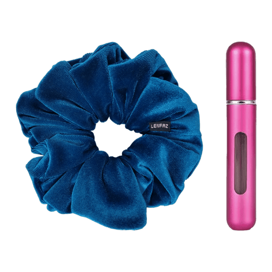 Peacock Blue Velvet Scrunchie and Berry Pink Mini Perfume Refillable Spray Bottle Gift Set