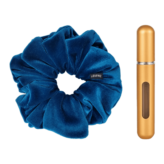 Peacock Blue Velvet Scrunchie and Champagne Gold Mini Perfume Refillable Spray Bottle Gift Set
