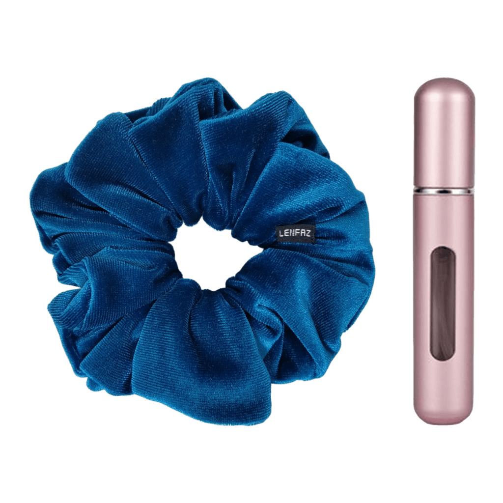 Peacock Blue Velvet Scrunchie and Light Pink Mini Perfume Refillable Spray Bottle Gift Set