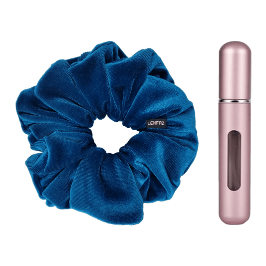 Peacock Blue Velvet Scrunchie and Light Pink Mini Perfume Refillable Spray Bottle Gift Set
