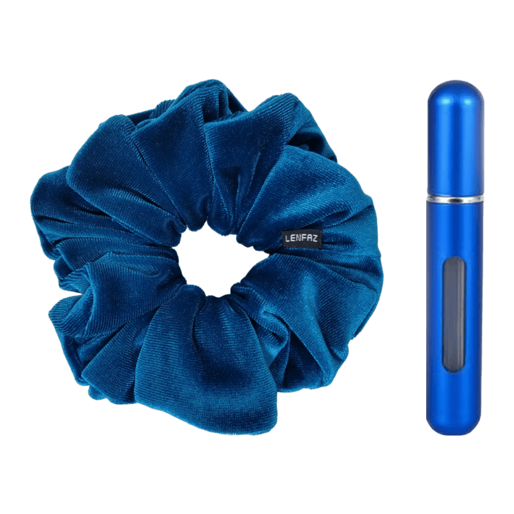 Peacock Blue Velvet Scrunchie and Royal Blue Mini Perfume Refillable Spray Bottle Gift Set