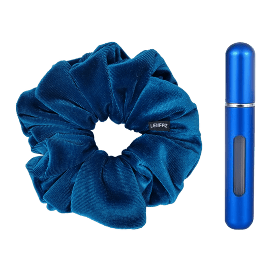 Peacock Blue Velvet Scrunchie and Royal Blue Mini Perfume Refillable Spray Bottle Gift Set