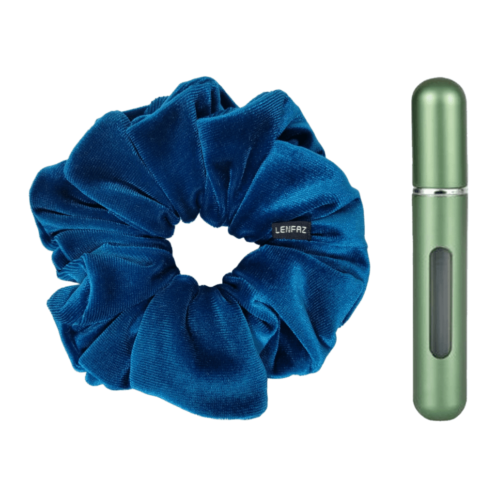Peacock Blue Velvet Scrunchie and Sage Green Mini Perfume Refillable Spray Bottle Gift Set