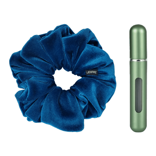Peacock Blue Velvet Scrunchie and Sage Green Mini Perfume Refillable Spray Bottle Gift Set