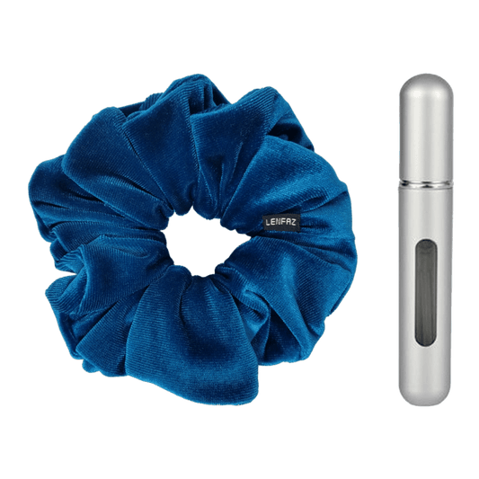 Peacock Blue Velvet Scrunchie and Steel Silver Mini Perfume Refillable Spray Bottle Gift Set