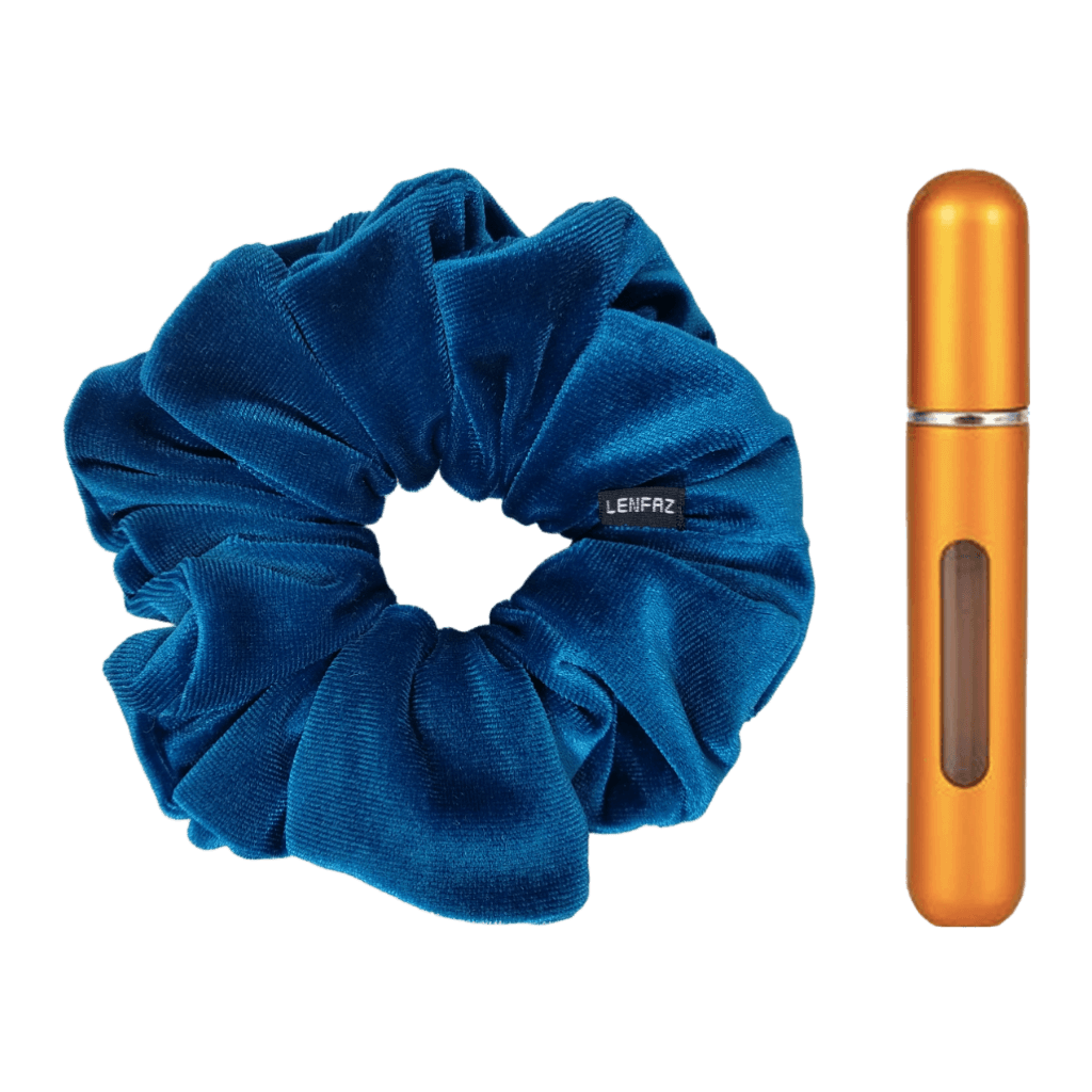 Peacock Blue Velvet Scrunchie and Sunset Yellow Mini Perfume Refillable Spray Bottle Gift Set
