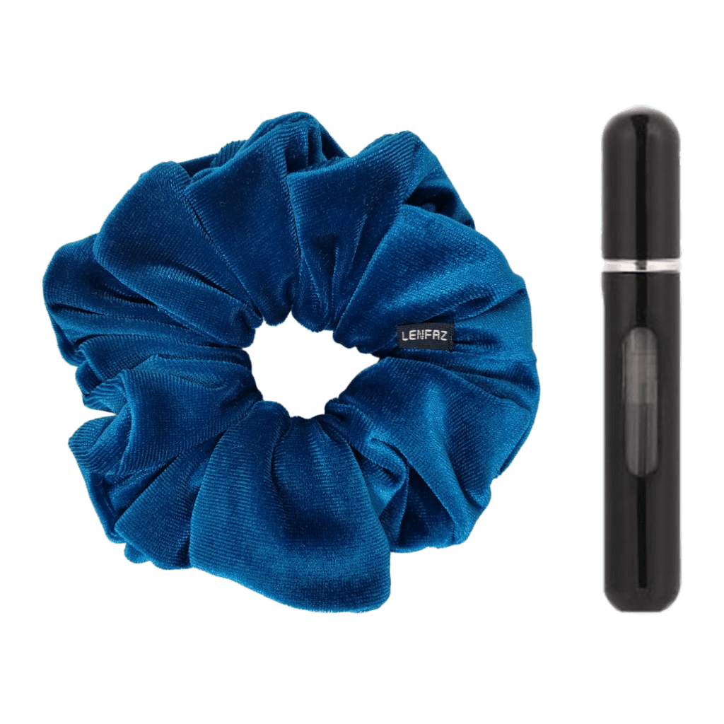 Peacock Blue Velvet Scrunchie and Ultra Black Mini Perfume Refillable Spray Bottle Gift Set