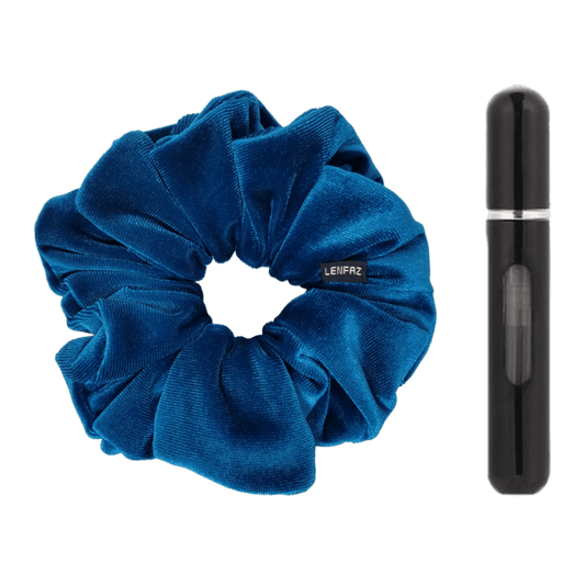 Peacock Blue Velvet Scrunchie and Ultra Black Mini Perfume Refillable Spray Bottle Gift Set