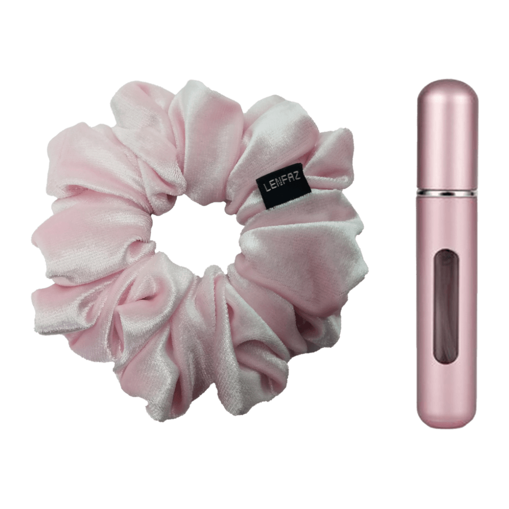 Petal Pink Velvet Scrunchie and Light Pink Mini Perfume Refillable Spray Bottle Gift Set