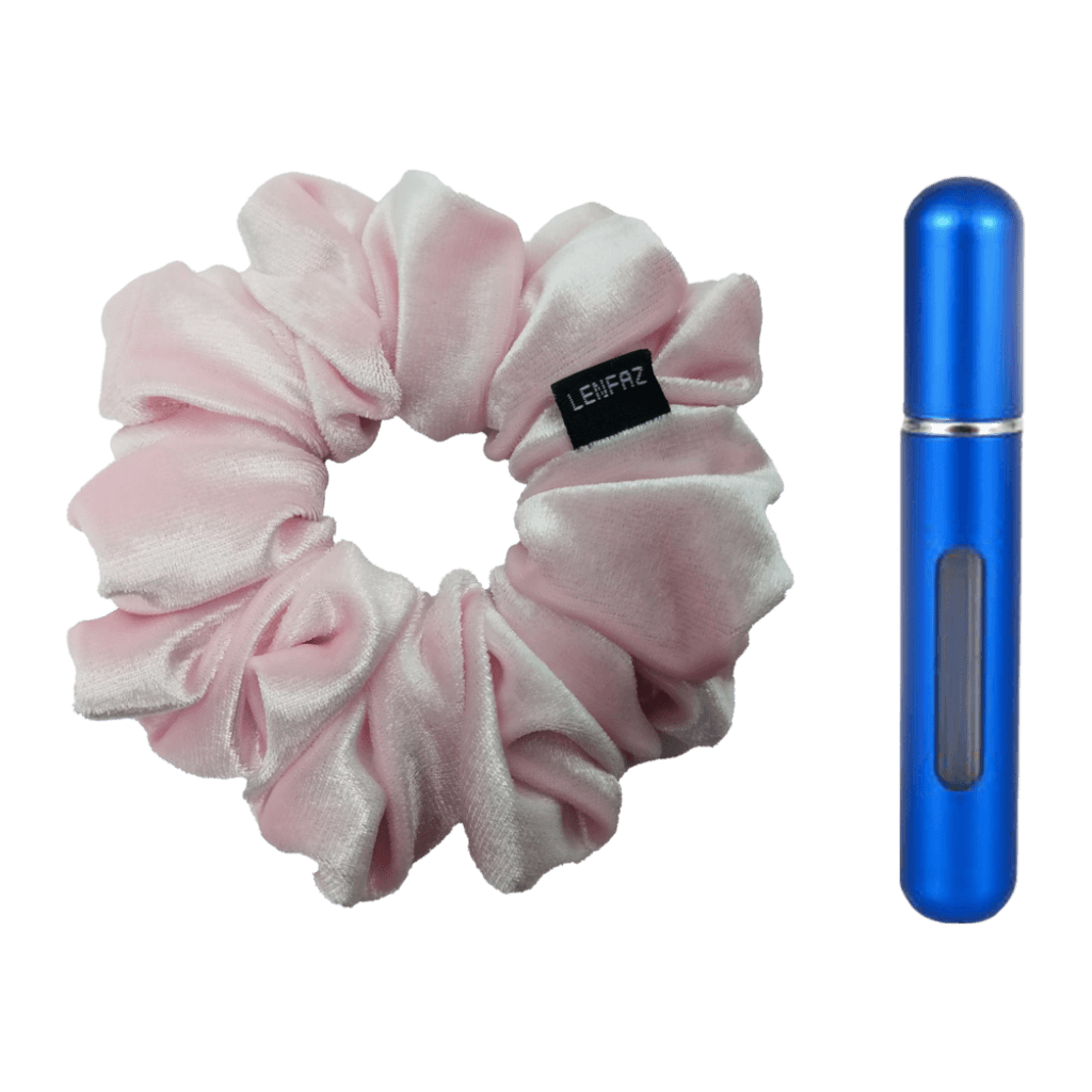 Petal Pink Velvet Scrunchie and Royal Blue Mini Perfume Refillable Spray Bottle Gift Set