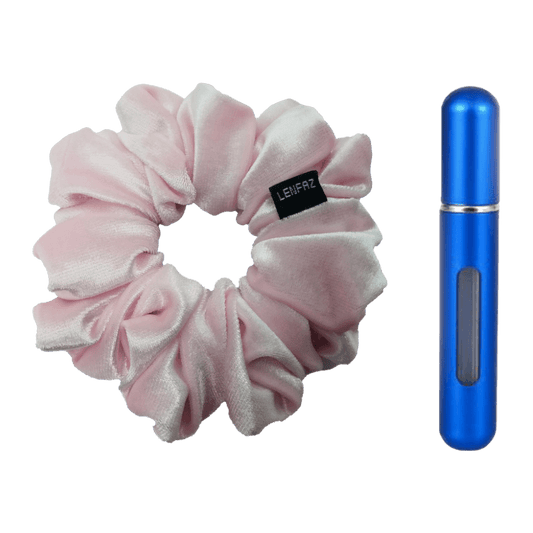 Petal Pink Velvet Scrunchie and Royal Blue Mini Perfume Refillable Spray Bottle Gift Set