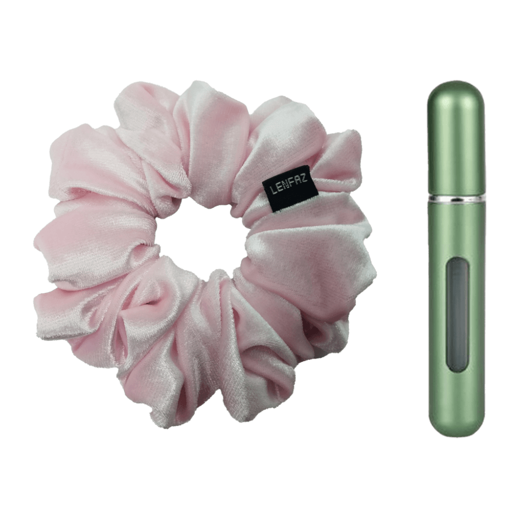 Petal Pink Velvet Scrunchie and Sage Green Mini Perfume Refillable Spray Bottle Gift Set