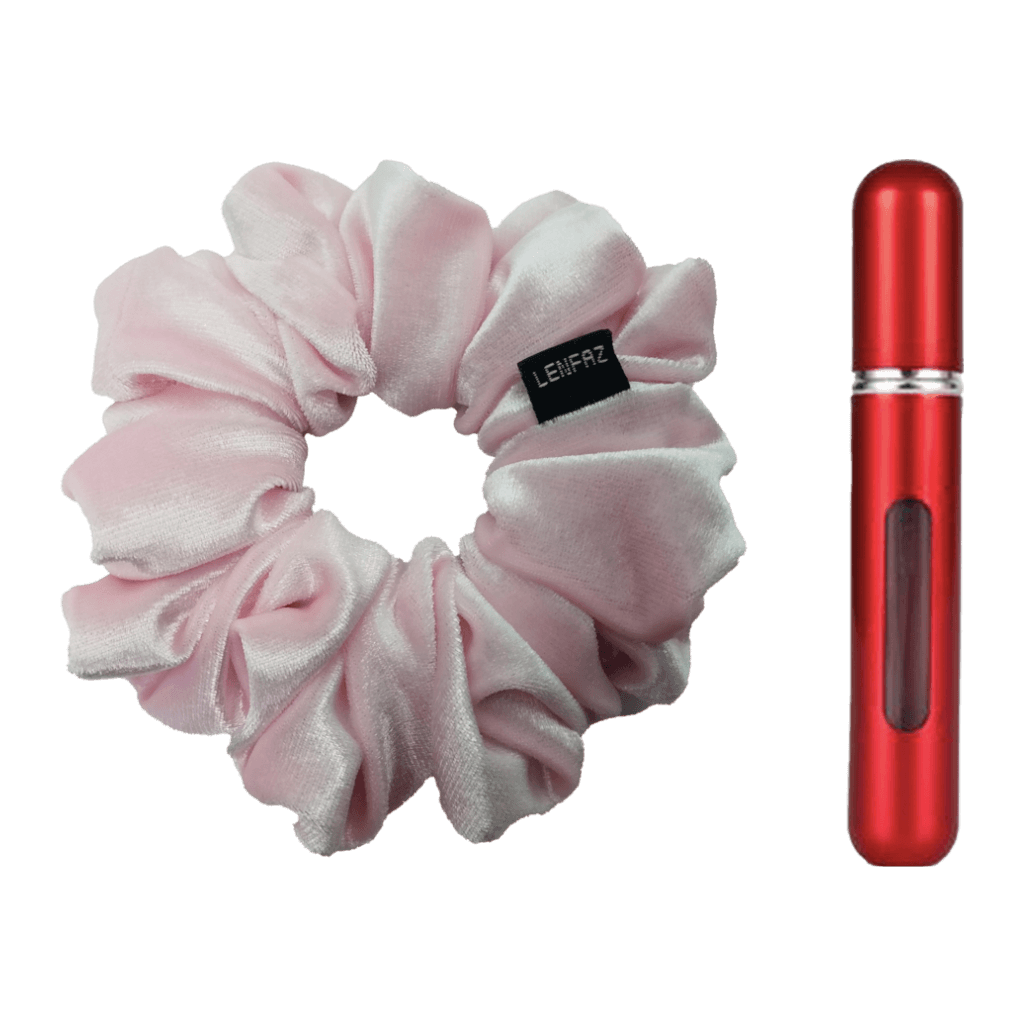 Petal Pink Velvet Scrunchie and So Red Mini Perfume Refillable Spray Bottle Gift Set
