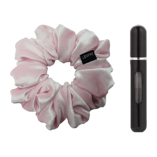 Petal Pink Velvet Scrunchie and Ultra Black Mini Perfume Refillable Spray Bottle Gift Set