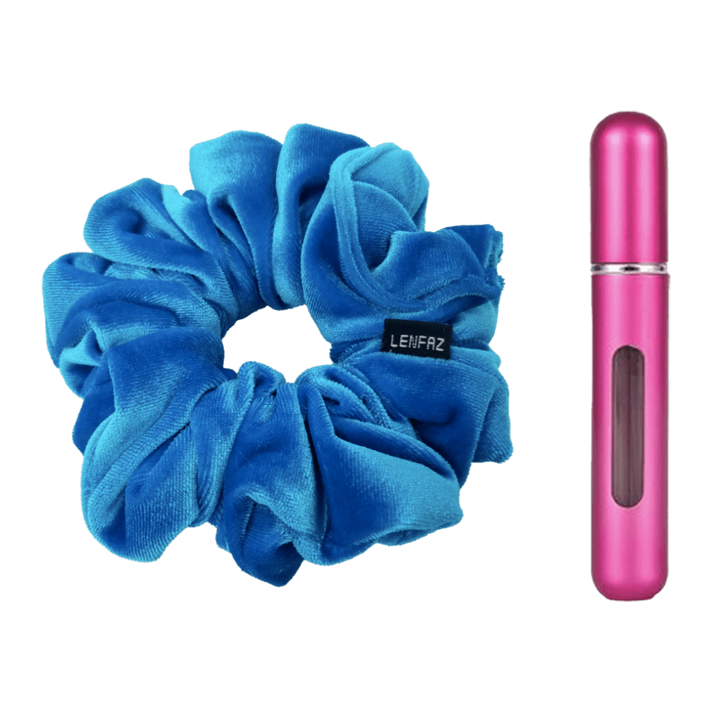 Sky Blue Velvet Scrunchie and Berry Pink Mini Perfume Refillable Spray Bottle Gift Set