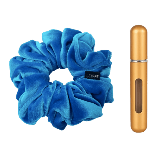 Sky Blue Velvet Scrunchie and Champagne Gold Mini Perfume Refillable Spray Bottle Gift Set