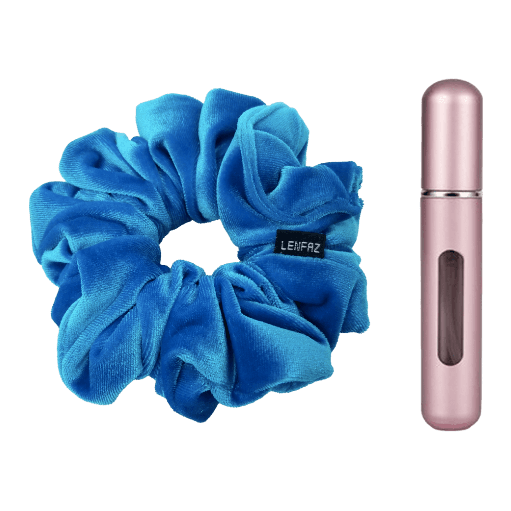 Sky Blue Velvet Scrunchie and Light Pink Mini Perfume Refillable Spray Bottle Gift Set