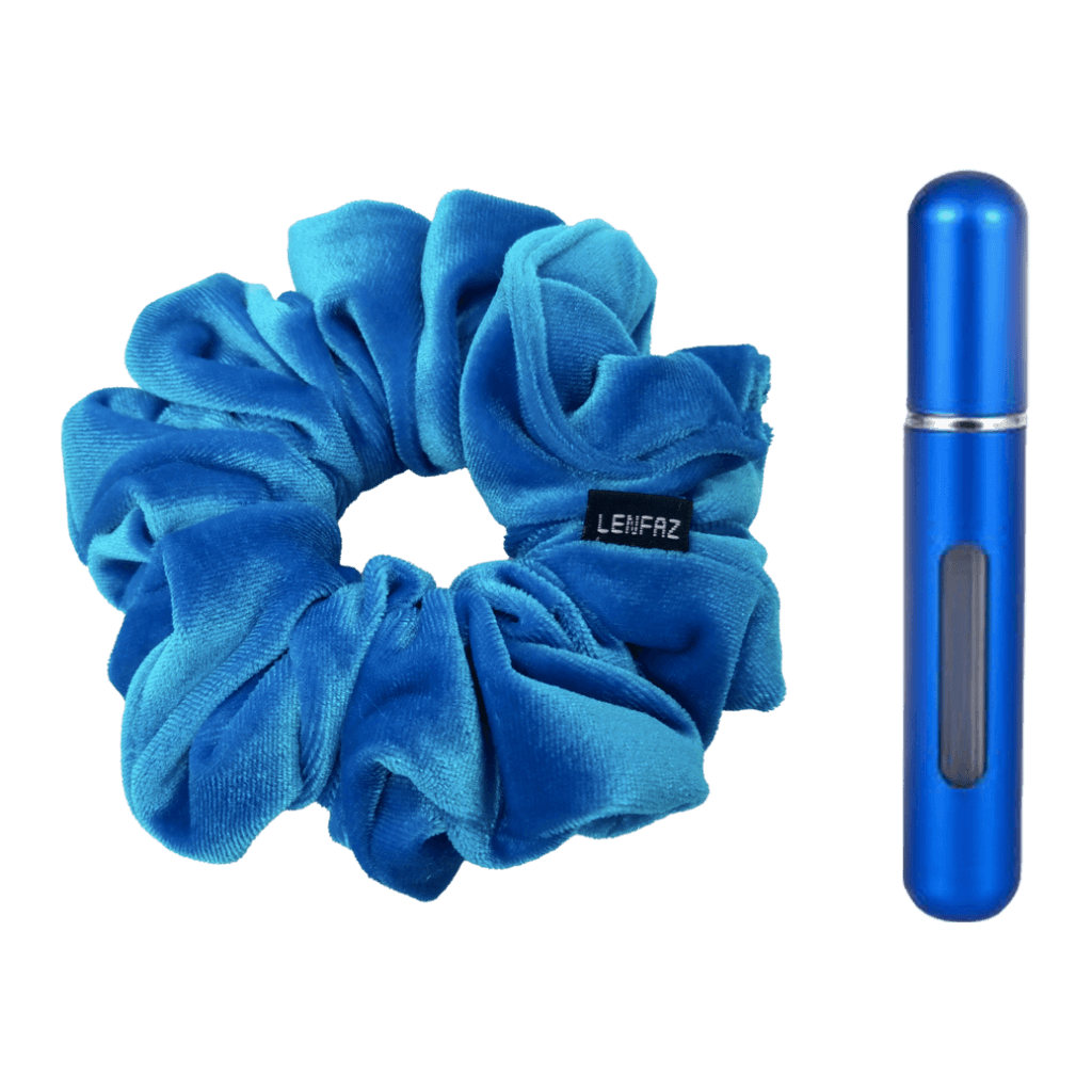 Sky Blue Velvet Scrunchie and Royal Blue Mini Perfume Refillable Spray Bottle Gift Set