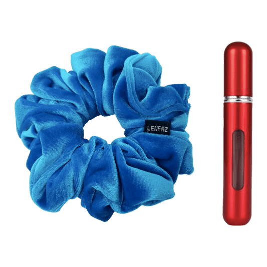 Sky Blue Velvet Scrunchie and So Red Mini Perfume Refillable Spray Bottle Gift Set