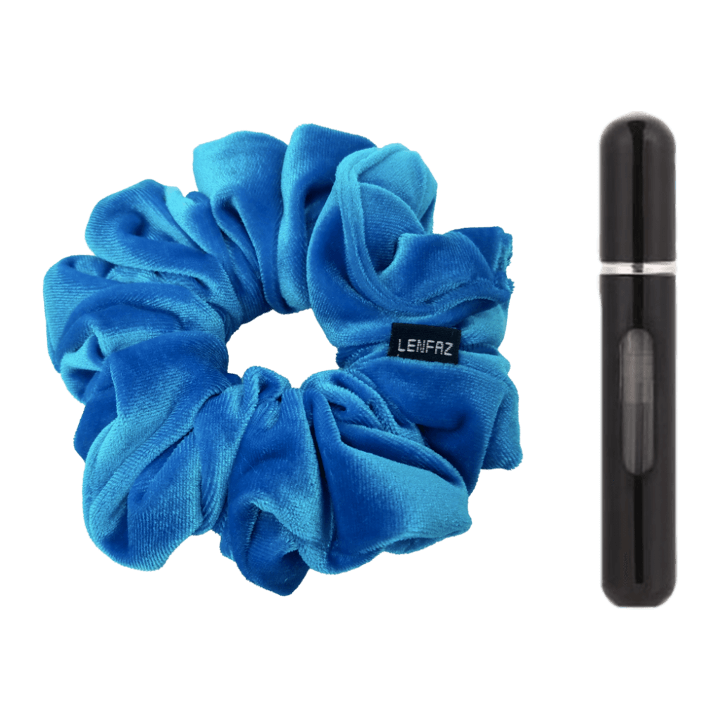 Sky Blue Velvet Scrunchie and Ultra Black Mini Perfume Refillable Spray Bottle Gift Set