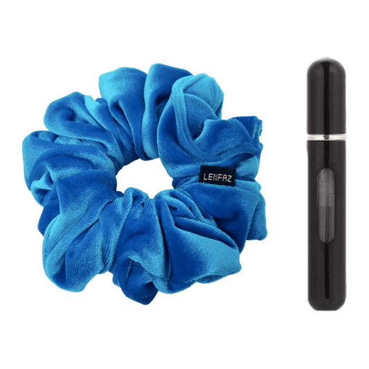 Sky Blue Velvet Scrunchie and Ultra Black Mini Perfume Refillable Spray Bottle Gift Set