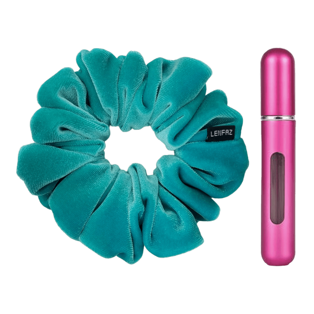 Sea Green Velvet Scrunchie and Berry Pink Mini Perfume Refillable Spray Bottle Gift Set