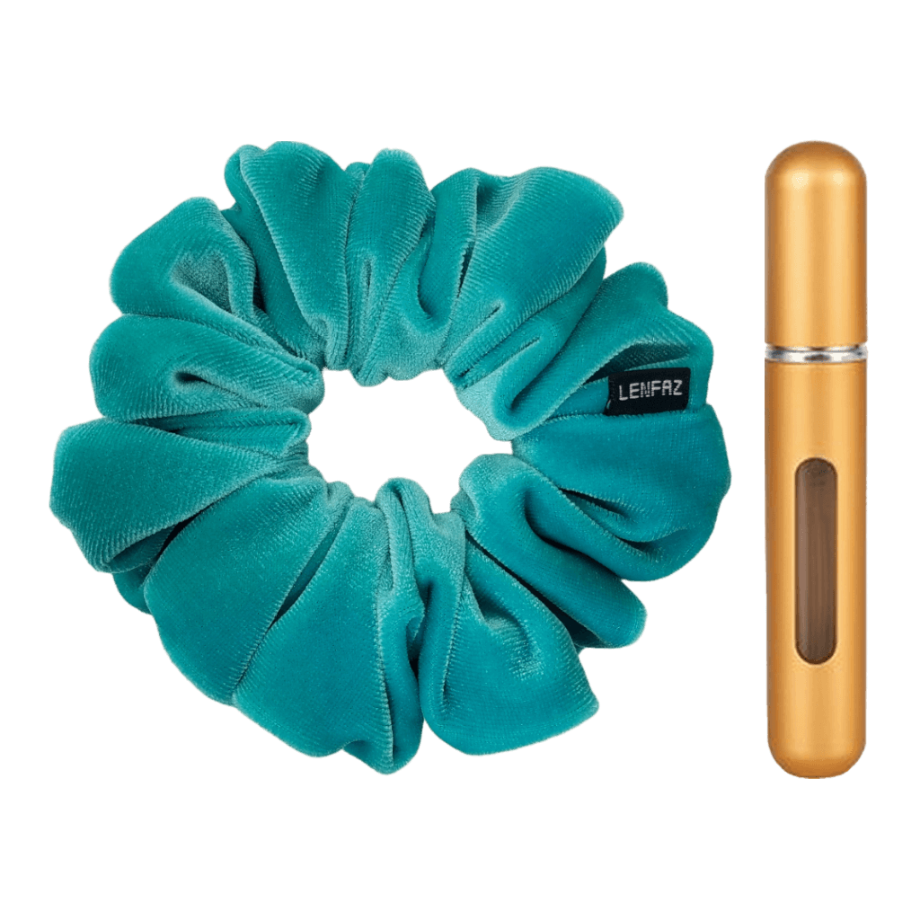Sea Green Velvet Scrunchie and Champagne Gold Mini Perfume Refillable Spray Bottle Gift Set