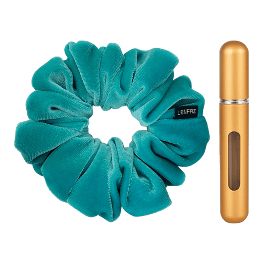 Sea Green Velvet Scrunchie and Champagne Gold Mini Perfume Refillable Spray Bottle Gift Set