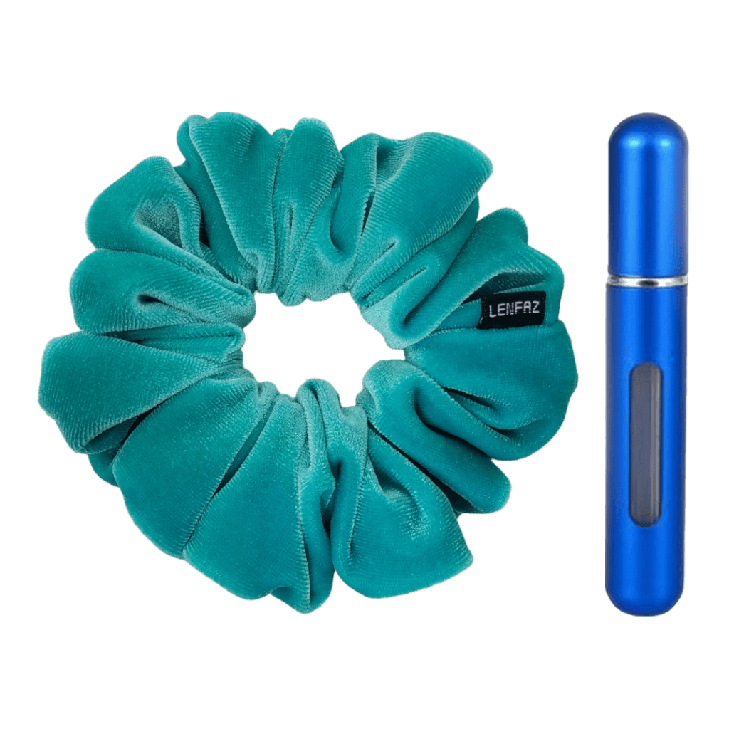 Sea Green Velvet Scrunchie and Royal Blue Mini Perfume Refillable Spray Bottle Gift Set