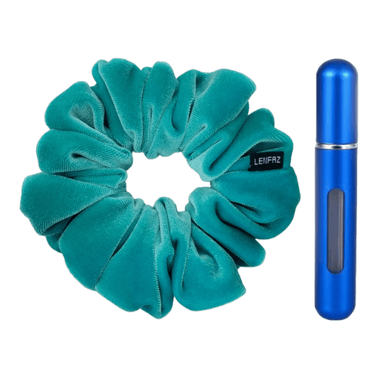 Sea Green Velvet Scrunchie and Royal Blue Mini Perfume Refillable Spray Bottle Gift Set