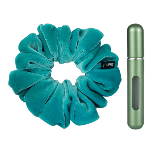 Sea Green Velvet Scrunchie and Sage Green Mini Perfume Refillable Spray Bottle Gift Set