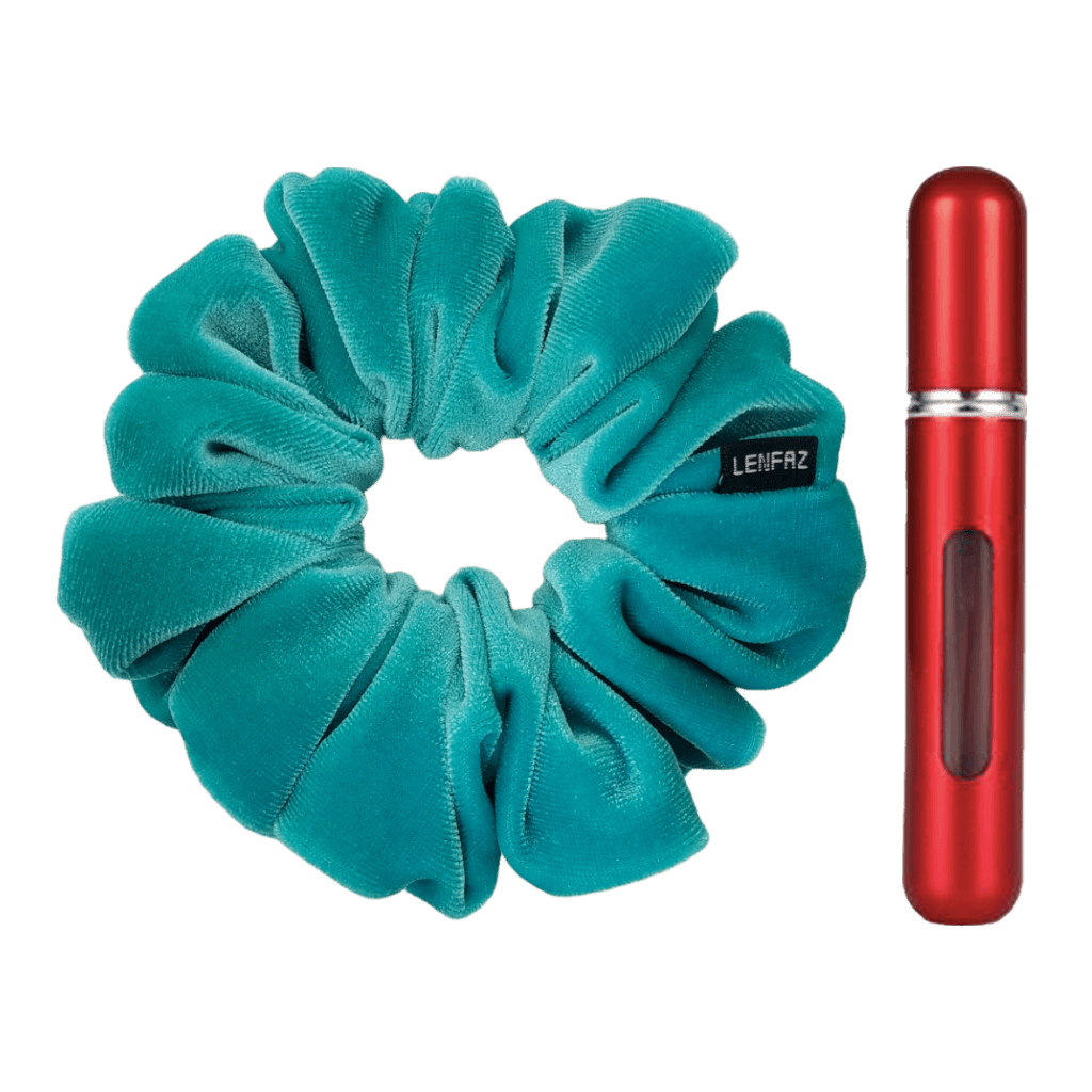 Sea Green Velvet Scrunchie and So Red Mini Perfume Refillable Spray Bottle Gift Set