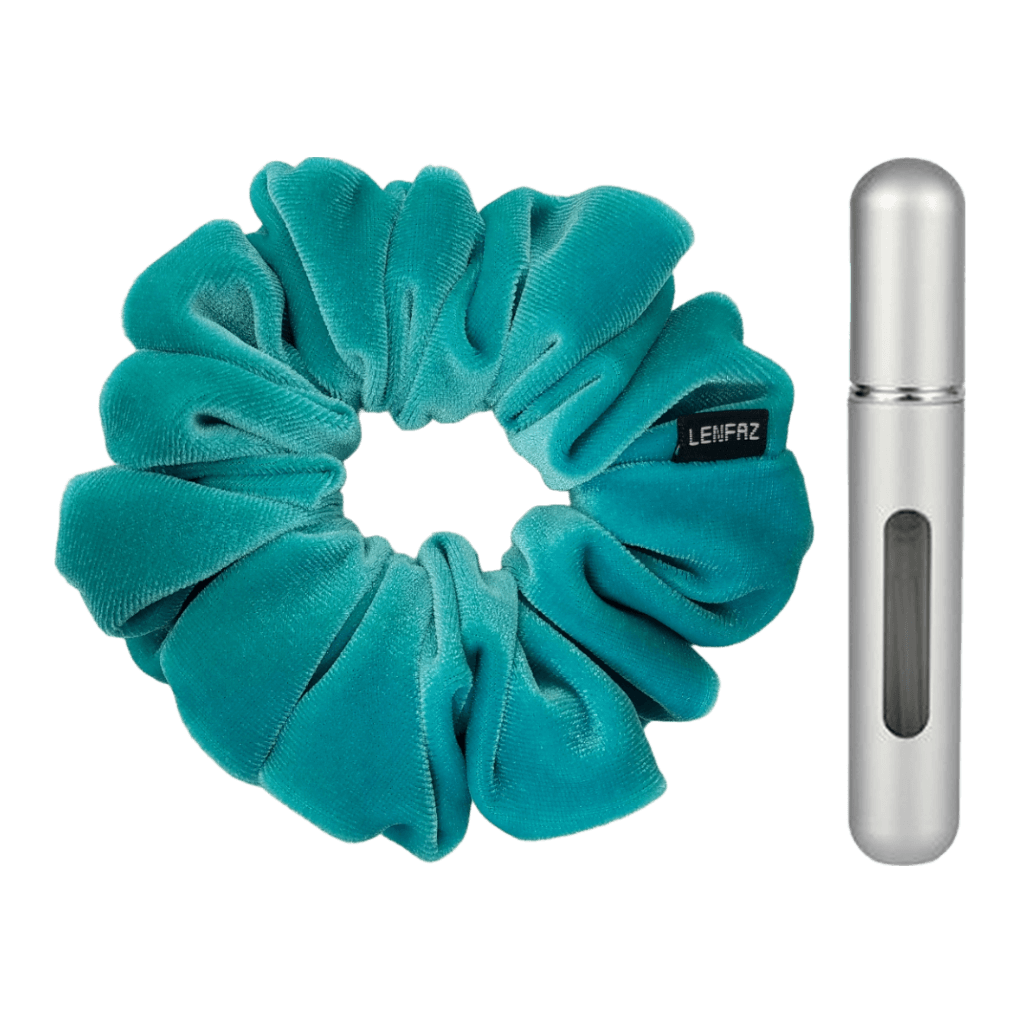 Sea Green Velvet Scrunchie and Steel Silver Mini Perfume Refillable Spray Bottle Gift Set