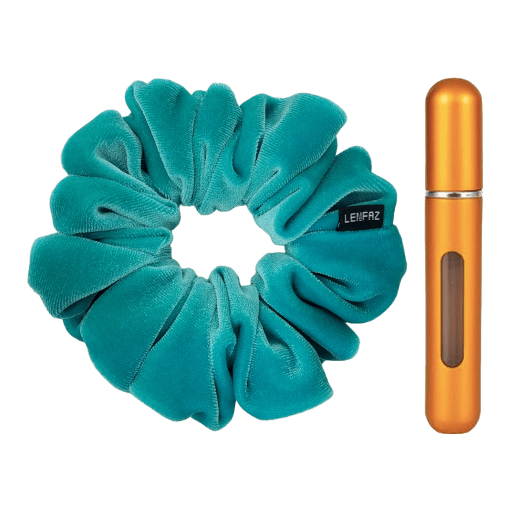 Sea Green Velvet Scrunchie and Sunset Yellow Mini Perfume Refillable Spray Bottle Gift Set