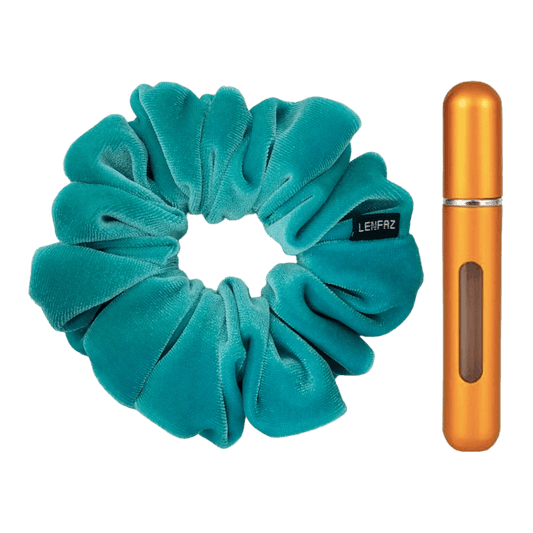 Sea Green Velvet Scrunchie and Sunset Yellow Mini Perfume Refillable Spray Bottle Gift Set