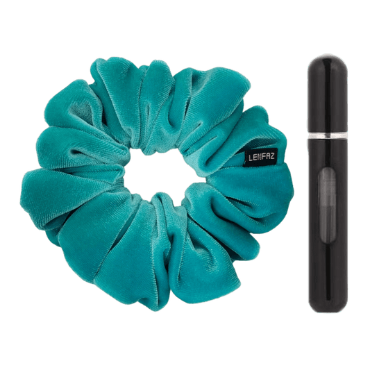 Sea Green Velvet Scrunchie and Ultra Black Mini Perfume Refillable Spray Bottle Gift Set