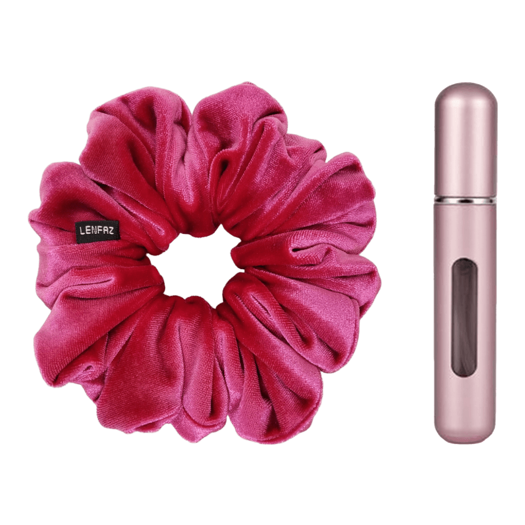 Very Berry Velvet Scrunchie and Light Pink Mini Perfume Refillable Spray Bottle Gift Set