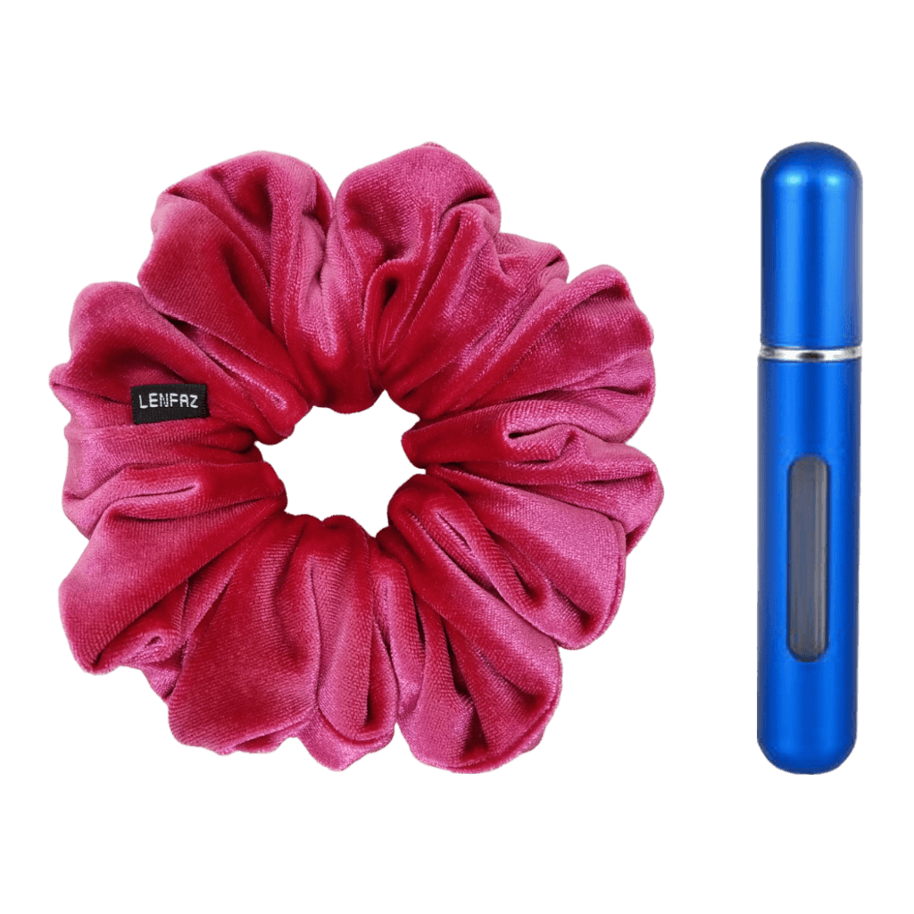 Very Berry Velvet Scrunchie and Royal Blue Mini Perfume Refillable Spray Bottle Gift Set