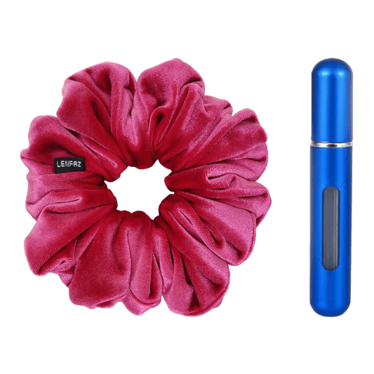 Very Berry Velvet Scrunchie and Royal Blue Mini Perfume Refillable Spray Bottle Gift Set