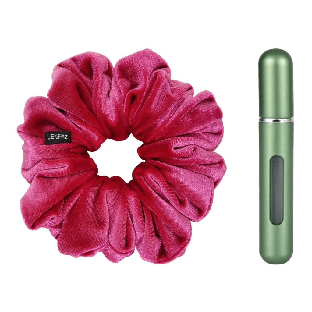 Very Berry Velvet Scrunchie and Sage Green Mini Perfume Refillable Spray Bottle Gift Set
