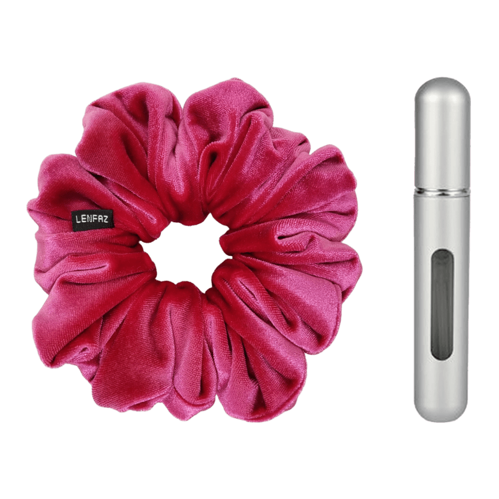 Very Berry Velvet Scrunchie and Steel Silver Mini Perfume Refillable Spray Bottle Gift Set
