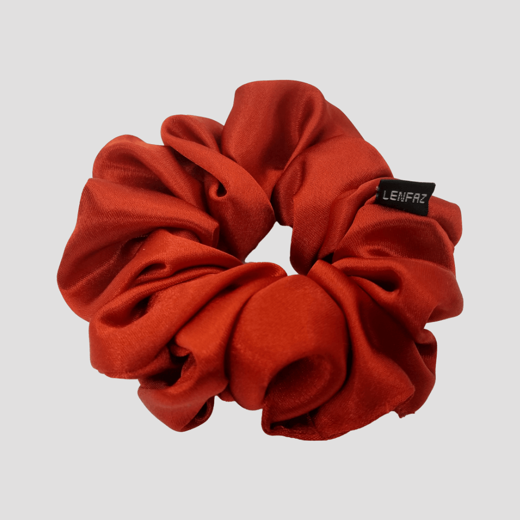 Crimson Red Satin Silk Scrunchie - Champagne Gold Mini Perfume Spray Btl.
