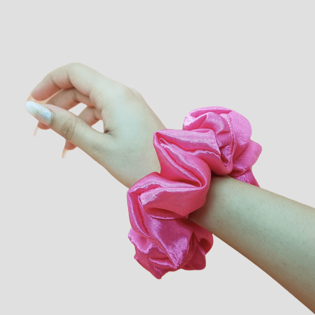 Pretty Pink Satin Silk Scrunchie - Berry Pink Mini Perfume Spray Btl.