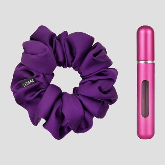 Plum Purple Matte Silk Scrunchie - Berry Pink Mini Perfume Spray Btl.