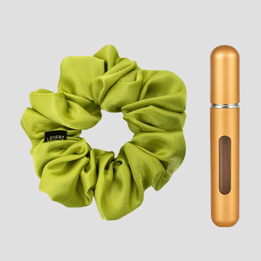 Lime Green Satin Silk Scrunchie - Champagne Gold Mini Perfume Spray Btl.